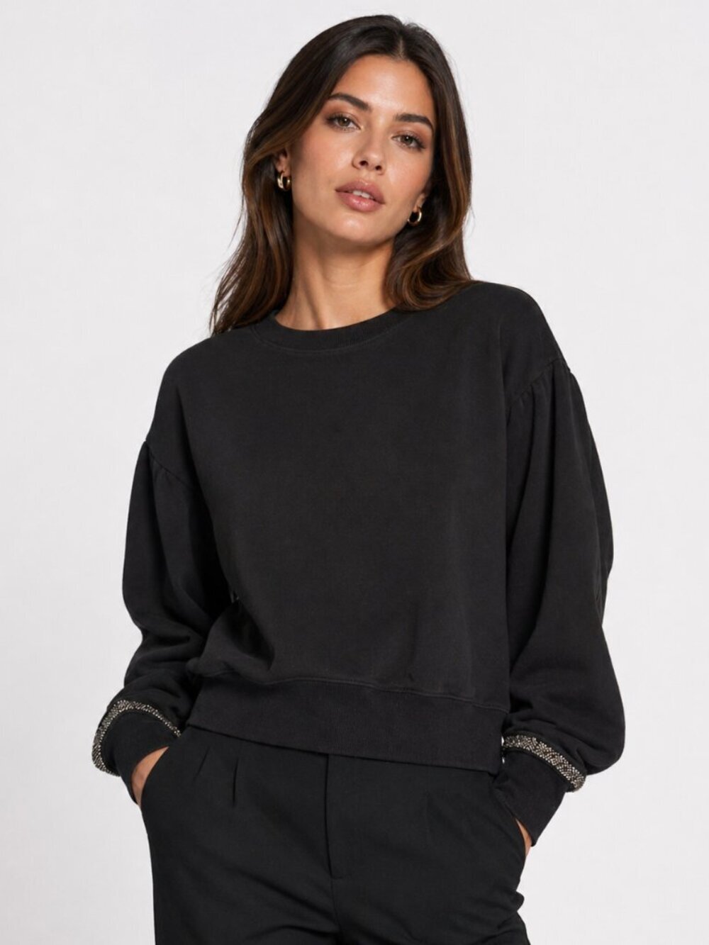 ALL SAINTS Robin Beaded Fleece Sweatshirt Black Medium